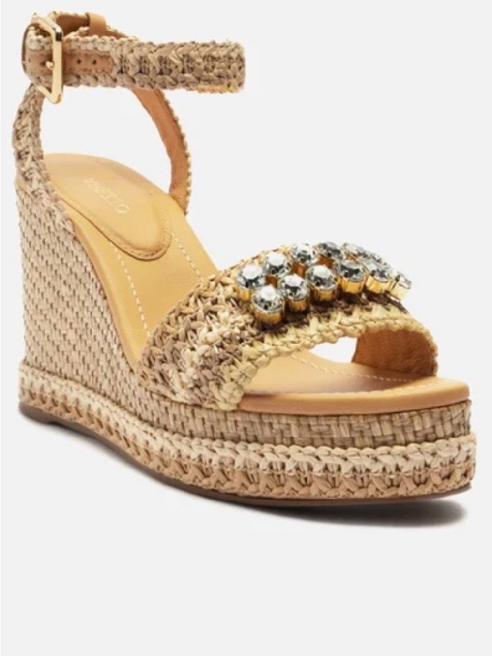 Braided Tan Wedge Sandals with Crystal Strap - Picture 9 of 12